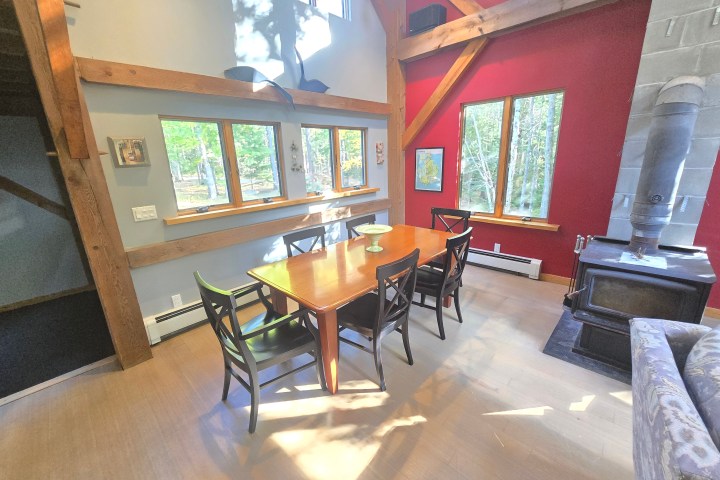 a dining room table in front of a building