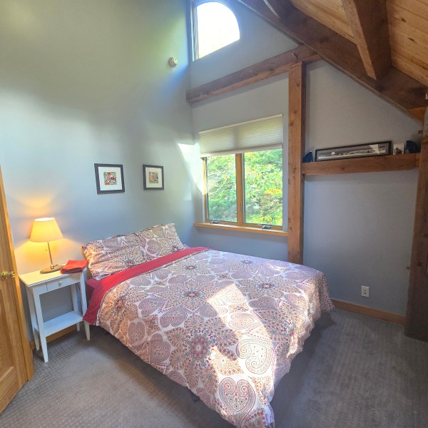 a bedroom with a bed in a room