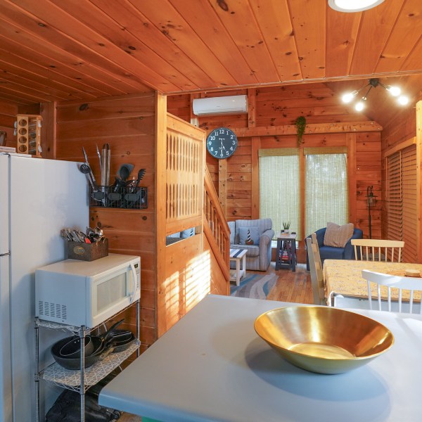 a kitchen with a dining table