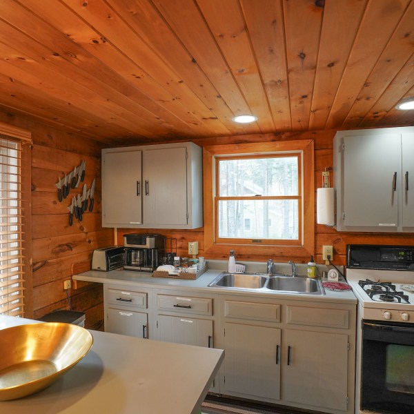 a kitchen with a large window